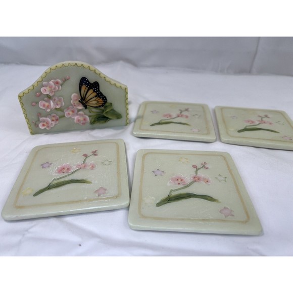 Set Of 4 Stone Hand Painted Coasters W Holder‎ 3D Butterfly & Flowers Sculpture - Picture 2 of 13